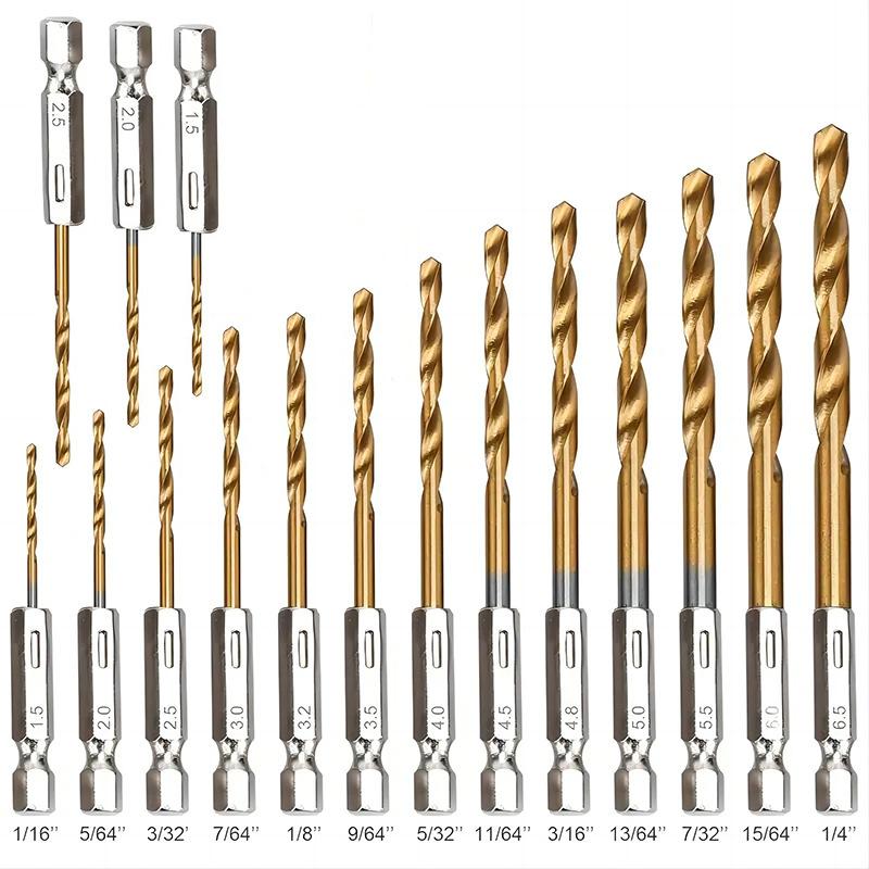13/16/19 Stück Sechskantschaft Titanbeschichtete Spiralbohrer-Set Hochgeschwindigkeitsstahl 1,5-6,5 mm Bohrer für Holz Kunststoff