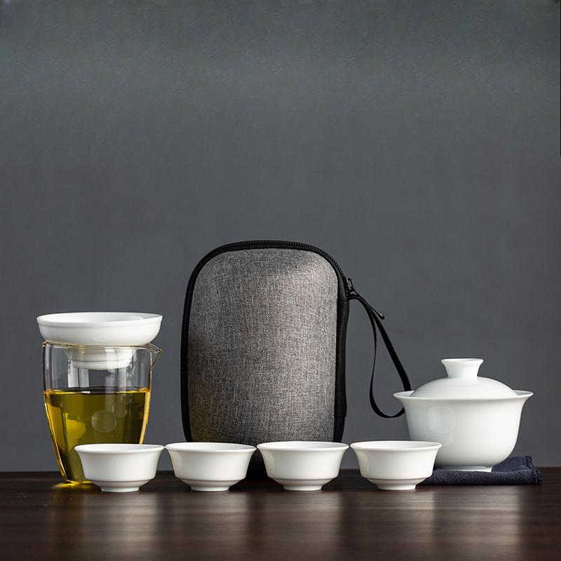 Dehua White Porcelain Travel Tea Set Outdoor Travel Portable Glass Quick Cup Cover Bowl Small Three Cups