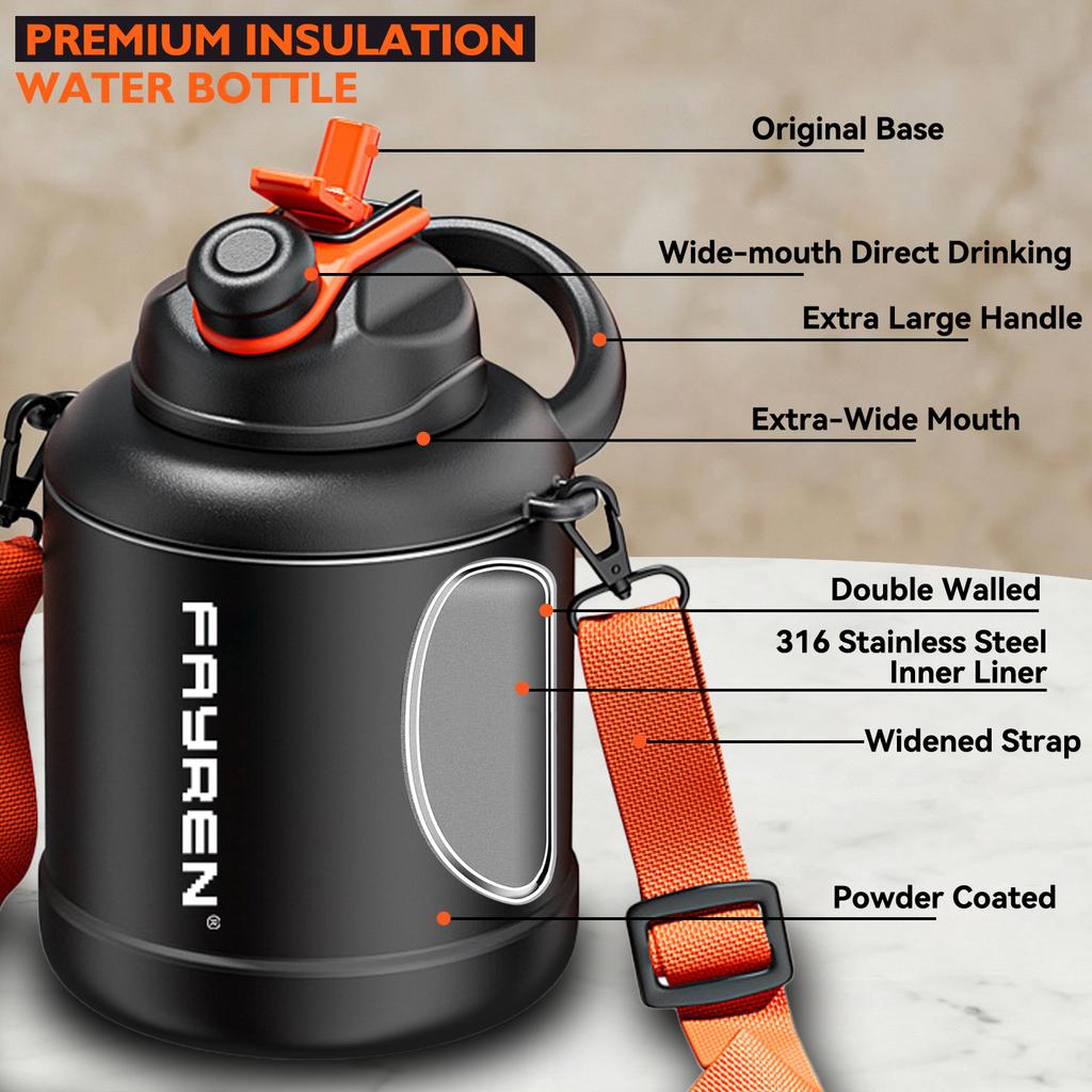 FAYREN 1300ml 1600ml High Capacity Outdoor Mountain Climbing Insulated Stainless Steel Sports Water Bottle with Strap