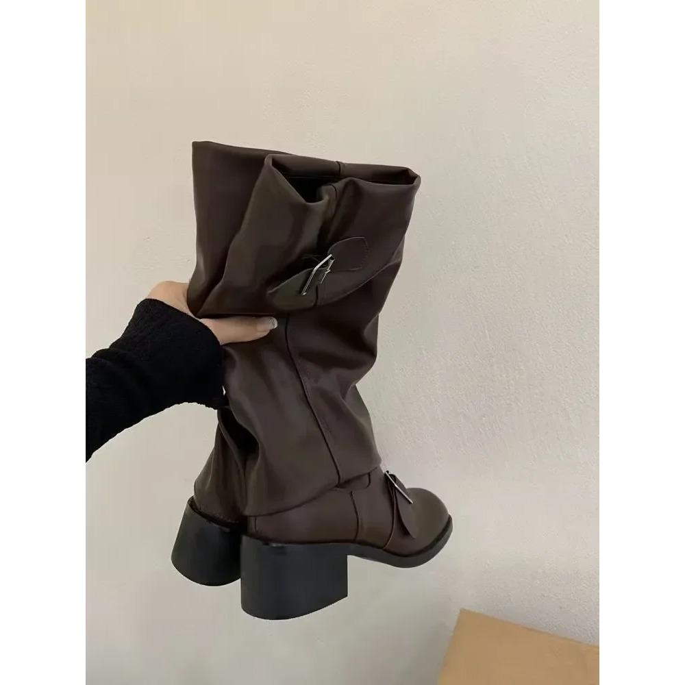 Damenstiefel Kniehoch Plateau Klobige Absätze Trend Punk Gothic New Rock Leder Mode Damenschuhe Motorradschuhe