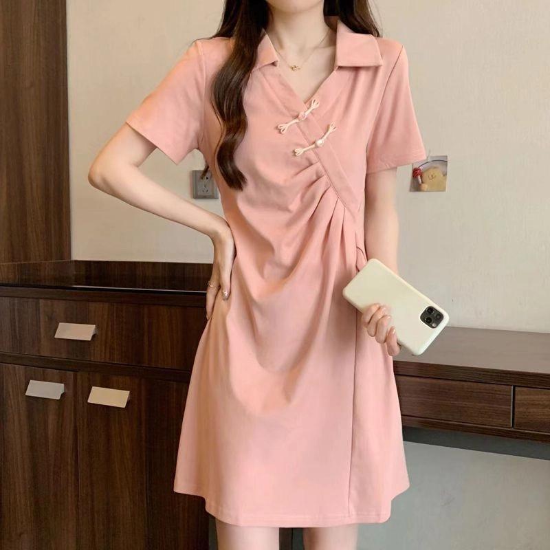 

Элегантные складки Асимметричные платья V-образный вырез Женское винтажное платье миди А-силуэта с завышенной талией и китайской застежкой-пуговицей на лето L розовый