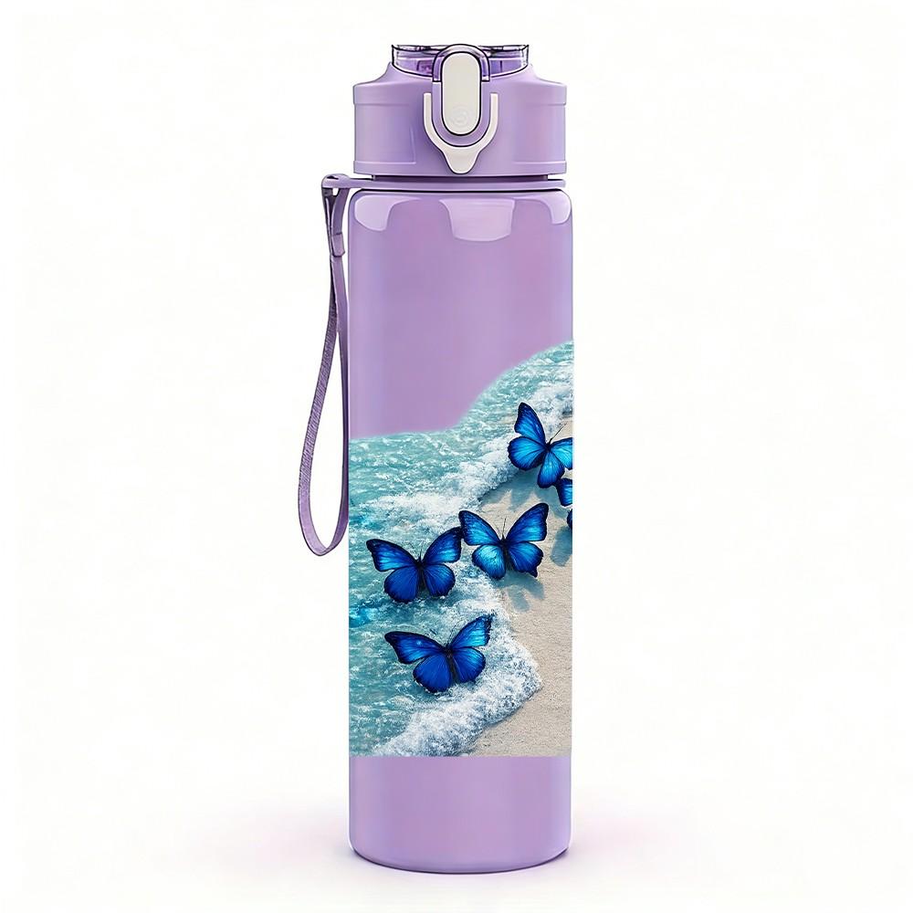 1PC Blue Butterfly On Marble Texture Print 750ml Color Plastic Sports Water Bottle Leakproof Flip Straw Lid Suitable for Sports Office Home Use