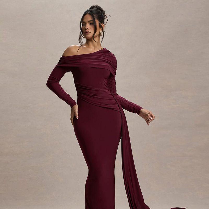 

Fashion 2025 Autumn New Arrival Pure Color Elegant Diagonal Collar Sheath Silm Ribbon Slim Looking Dress Goddess Temperament Dress Burgundy S