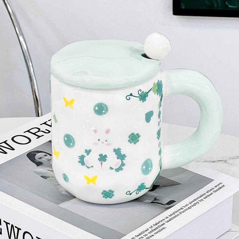 New Creative Cherry Blossom Ceramic Water Cup with Lid Spoon Heat resistant Cup Home Office Relief Mug Girl Heart