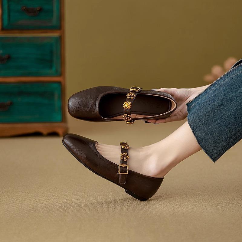 Soft Sheepskin~ Retro Mary Jane Shoes for Women's 2025 Spring and Summer New Shallow Single Shoes Flat Bottom One-word Buckle Small Leather Shoes