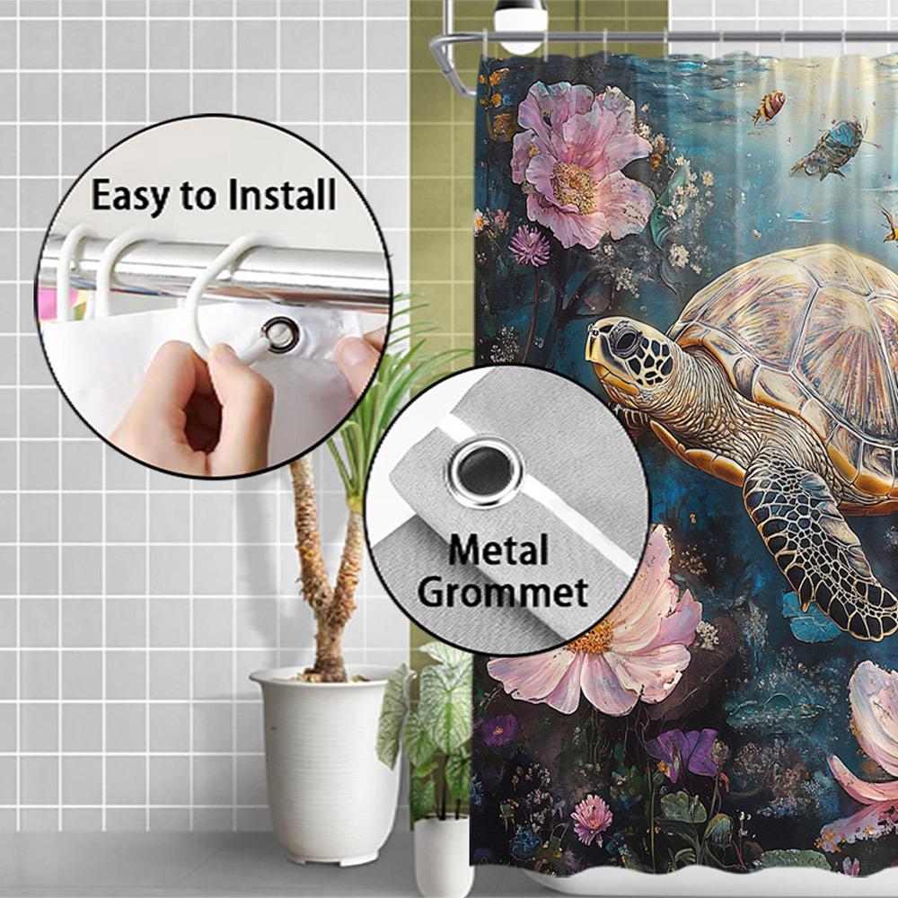 1Pc Sea Turtle & Floral Shower Curtain - Realistic Ocean Design, Pink & Purple Flowers, Coral Reef, Polyester,12 Hooks,Easy Care