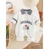 Spring and Autumn Style Baby and Pet-Themed Romper, Infant Double-Layer Gray Lettered Plaid Sleeve Patchwork Unisex Jumpsuit