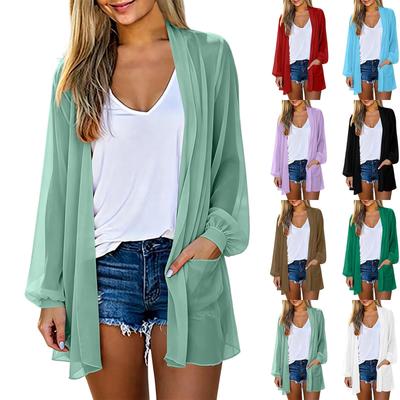Women's Lightweight Chiffon Open Front Cardigan Long Sleeve Lantern Sleeve Loose Fit Summer Outerwear with Pockets Casual Cover Up