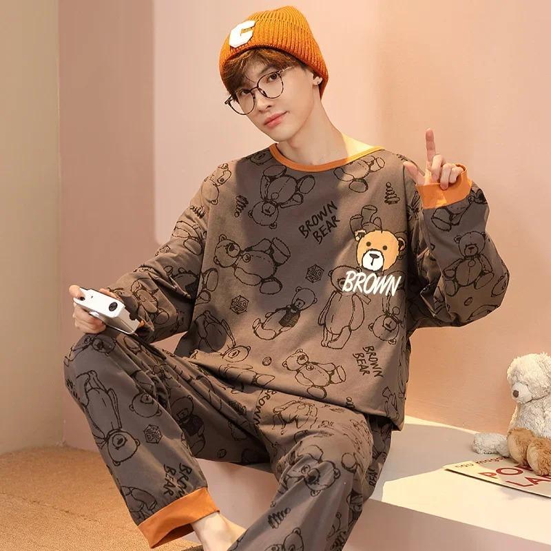 

Домашняя одежда из хлопка с рисунком медведя для мужчин, топ и штаны с длинными рукавами, ночная рубашка для мальчиков, пижамный комплект, модная пижама XXL for 72-80kg