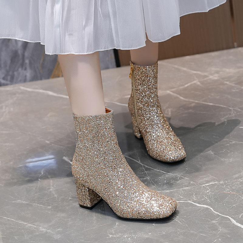 Women's Short Boots Autumn and Winter Grit Metal Sequins Women's and Ankle Boots Gold Silver Coarse Heel High Heel Square Head Women's Short Boots