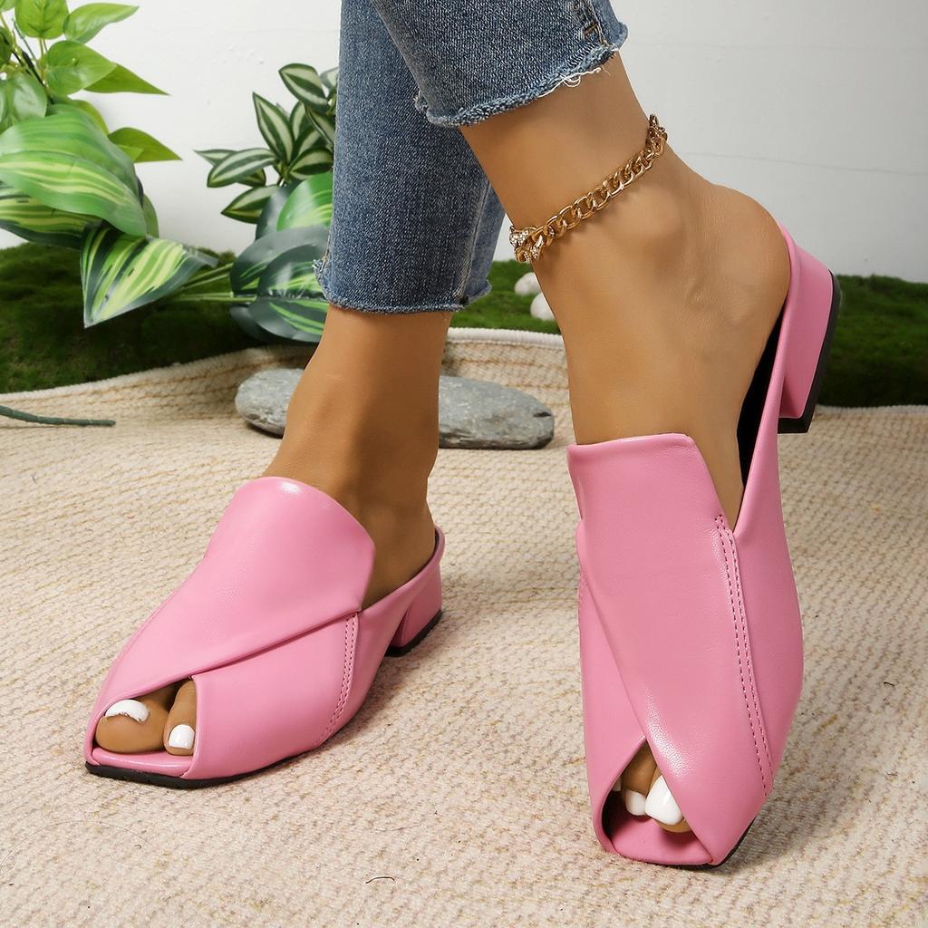 2025 Fashion Half Slippers Female Square Head Personalized Open-toe Square Heel Sandals Fashion Low Heel Outside Wear Slippers