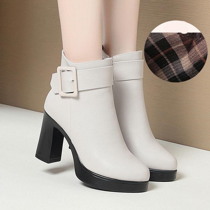 9cm Fashion Comfortable Soft Leather Boots Women Platform Shoes Fall Winter 2025 Block High Heels Ankle Boots with Fur Office
