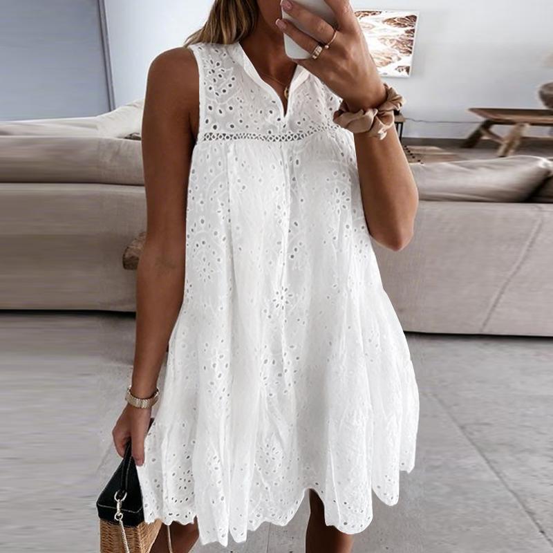 ZANZEA Damen Sommer Ärmellos Hohlstickerei Spitze Häkeln Kurzes Kleid