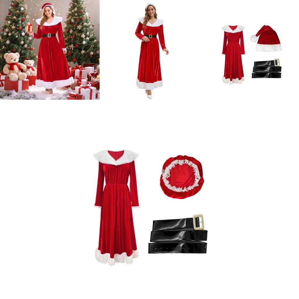Women Elegant Velvet Long Dress With Hat And Belt For Christmas And Holiday Events