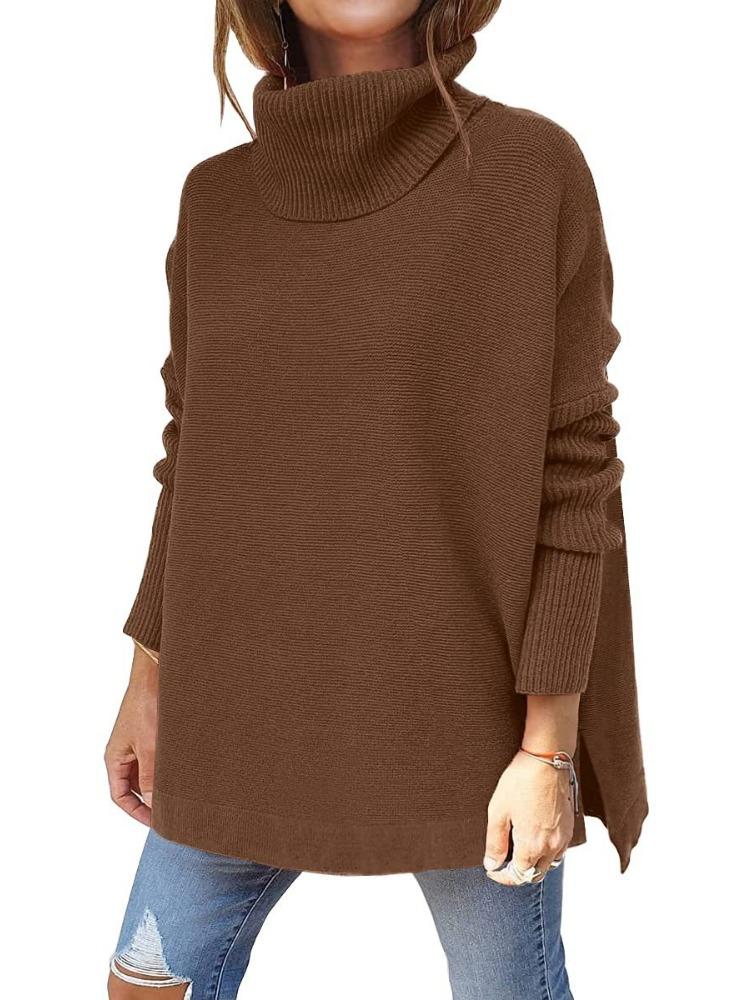 Women's Oversized High Neck Sweater Mid Length Batwing Sleeves Split Hem Waist Tied Pullover Luxurious Relaxed-fit Slimming and Versatile Top