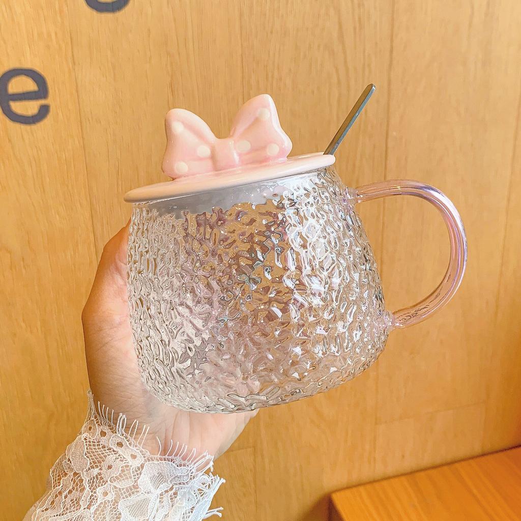 Bow Summer Glass Cup with Lid Spoon Cute Creative Mug Girl with High Appearance Drinking Water Cup Flower Tea Cup