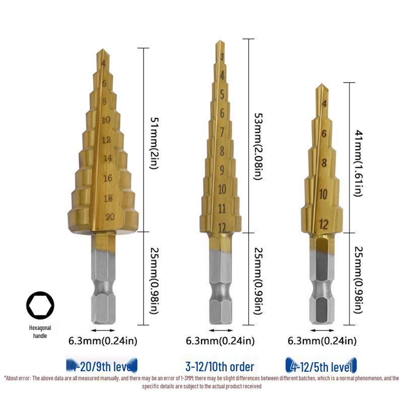 3-Piece Metric Hex Cone Drill Bit Set in Cloth Bag