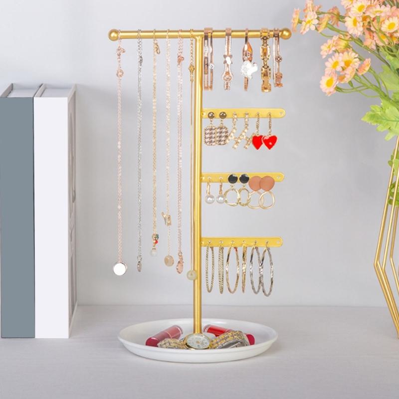 T Bar Jewelry Stand Organiser Display Shelf for Necklace Bracelet Watch Detachable Jewellery Presentation Rack with Tray