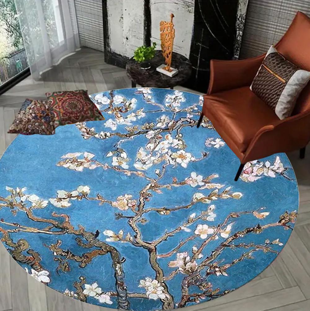 Vintage Floral Print Round Rug Classic Art Print Soft & Non-slip Home Art Decoration Light Luxury for Living Room Bedroom Boho
