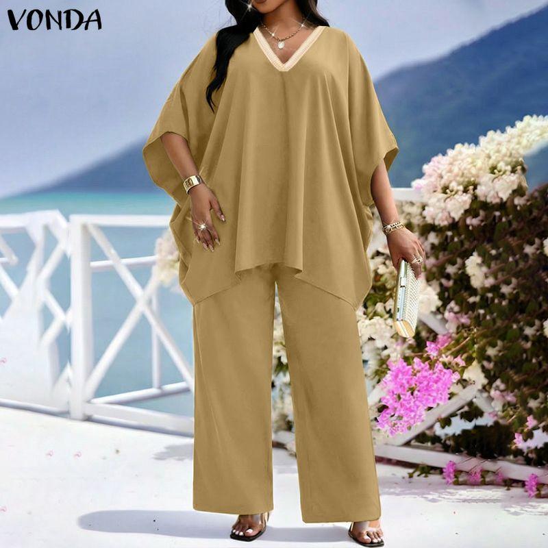VONDA 2PCS Women Batwing Sleeve Blouse and Pants Casual Oversized Two Picecs Sets