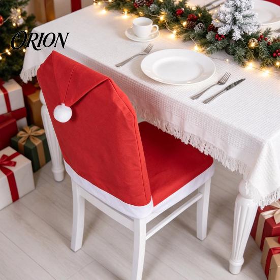 Elastic Non-woven Chair Protectors Christmas Cover, Red Santa Hat Dining Slipcover, Holiday Back Decorations Cover with Pom for Xmas Kitchen
