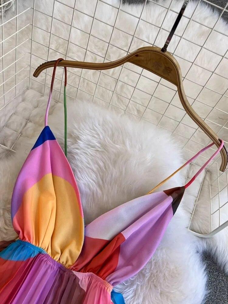 Summer Print Holiday Rainbow Candy Sling Sundresses Women's Spaghetti Strap V Neck Backless Chiffon Beach Vacation Pleated Robe