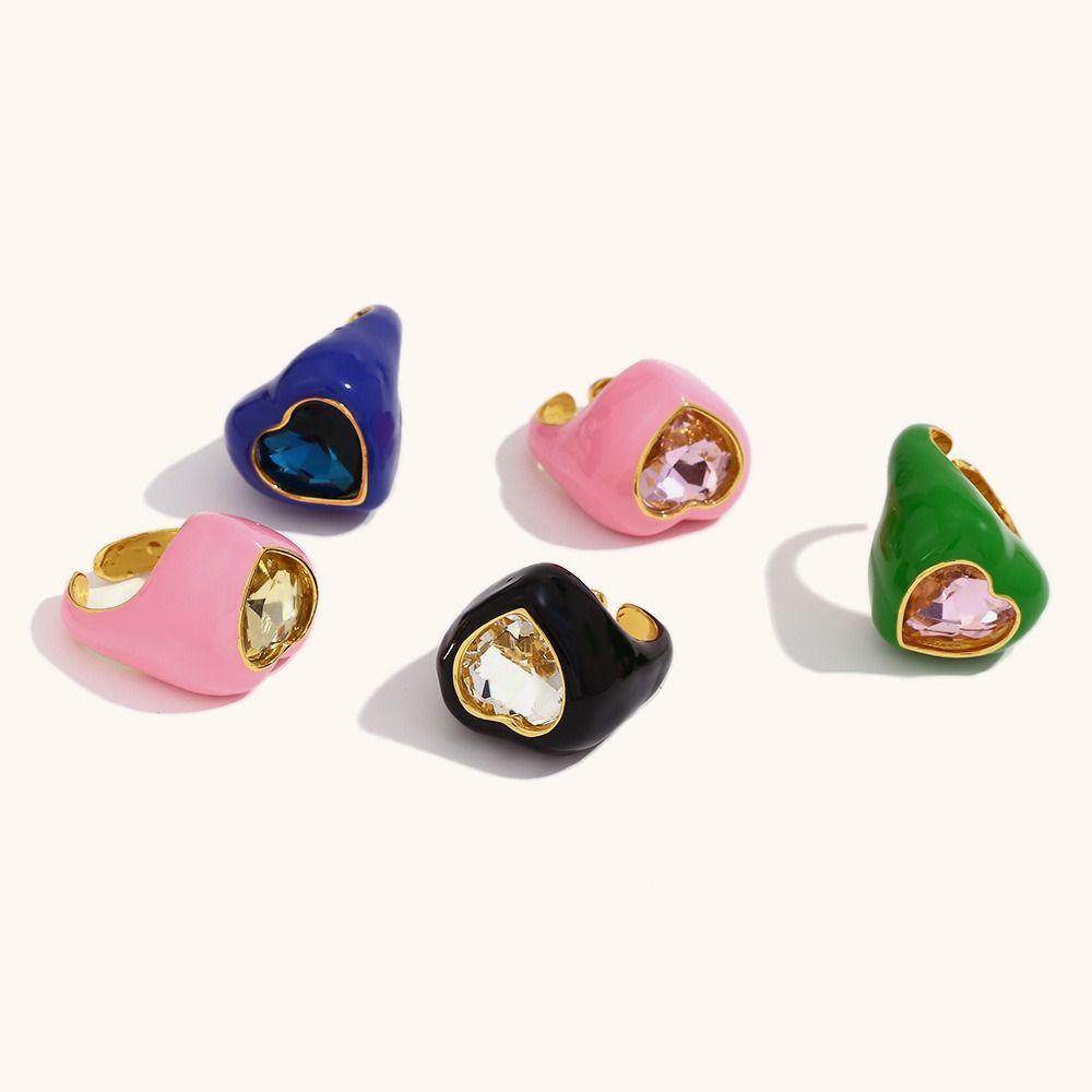 Geometric Dripping Oil Finger Buckle Korean Style Solid Color Ring Gemstone Heart Enamel Ring  Gift