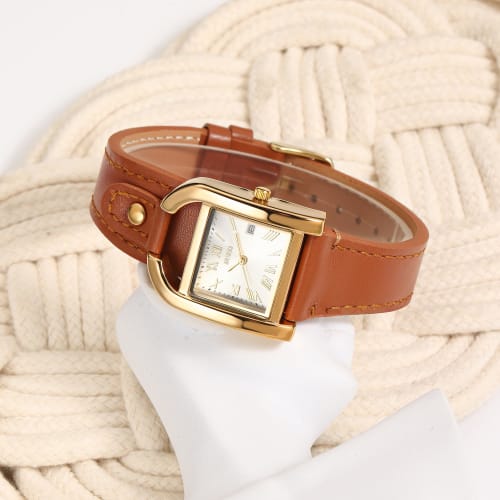 BUREI Women's Watch, Stylish, Simple, Cute, Quartz, Waterproof, Analog, Gold Square Dial, Roman Numerals, Brown Leather Strap, Commuter, Business, Cas