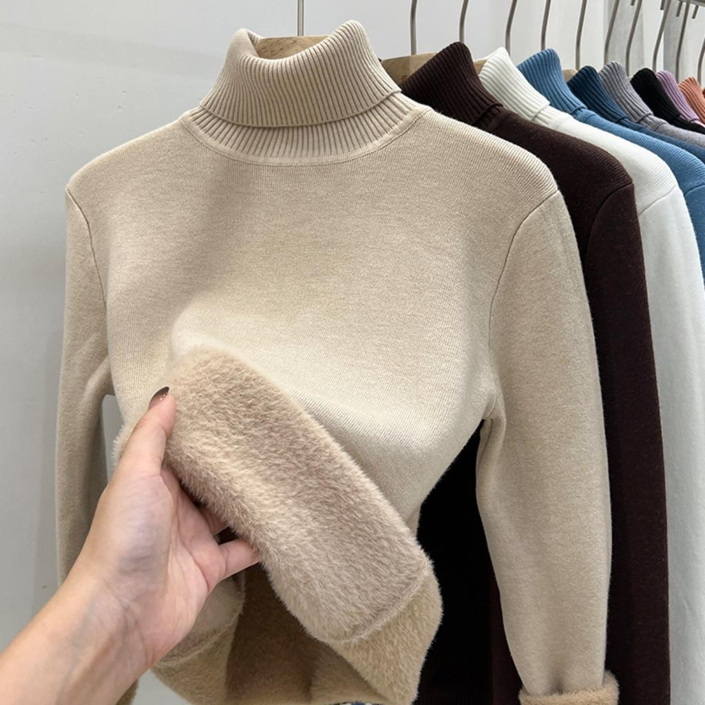 One Piece Velvet High Neck Sweater with Thickened Velvet for Women, Autumn and Winter New Warm Long Sleeved Base Sweater