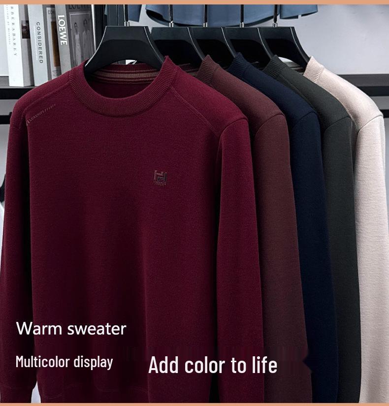 Men's 2025 Pullover Hoodie: Thickened Velvet, Solid Color, Round Neck Knitwear for Middle-Aged and Elderly Men