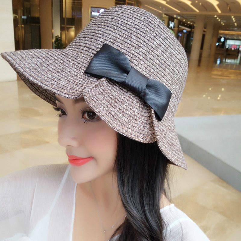 Women Summer Folding Wide Large Brim Shape Beach Sunscreen Cap Cute Big Bow Solid Straw Outdoor Hats Sun Hat
