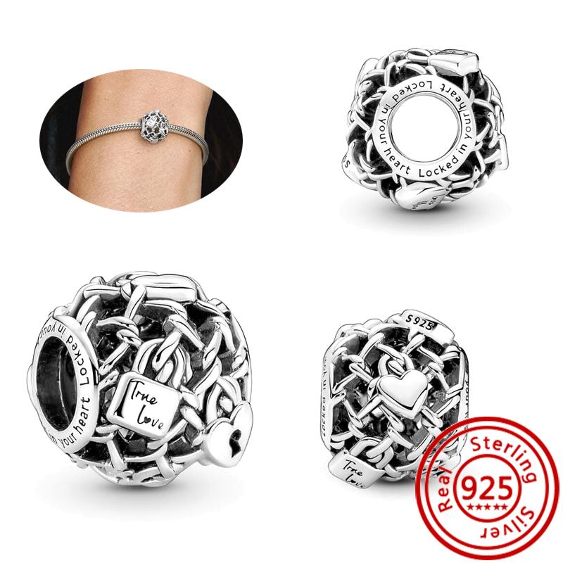

925 Sterling copper Love Heart Lock Padlock Key Dangle Charm Style DIY Beads Fit Original Pantaro Charms Bracelet Fine Zircon 3mm-4mm