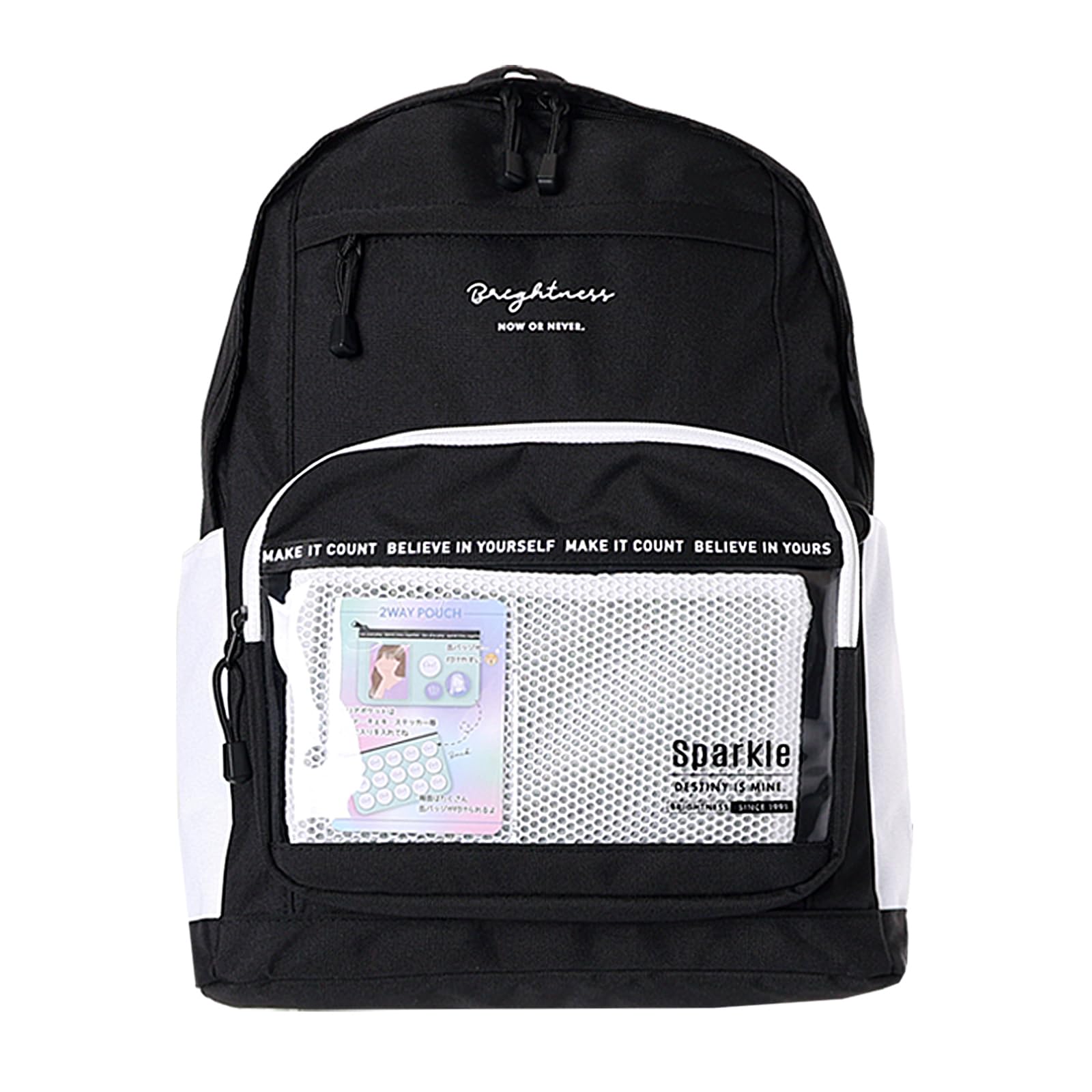 

[Coboca+] C25361 Daypack with Mesh Pocket, 17L, Compatible with Oshikatsu, Fits Instax and Trading Cards, Black x White/Purple/Blue (Black/White)