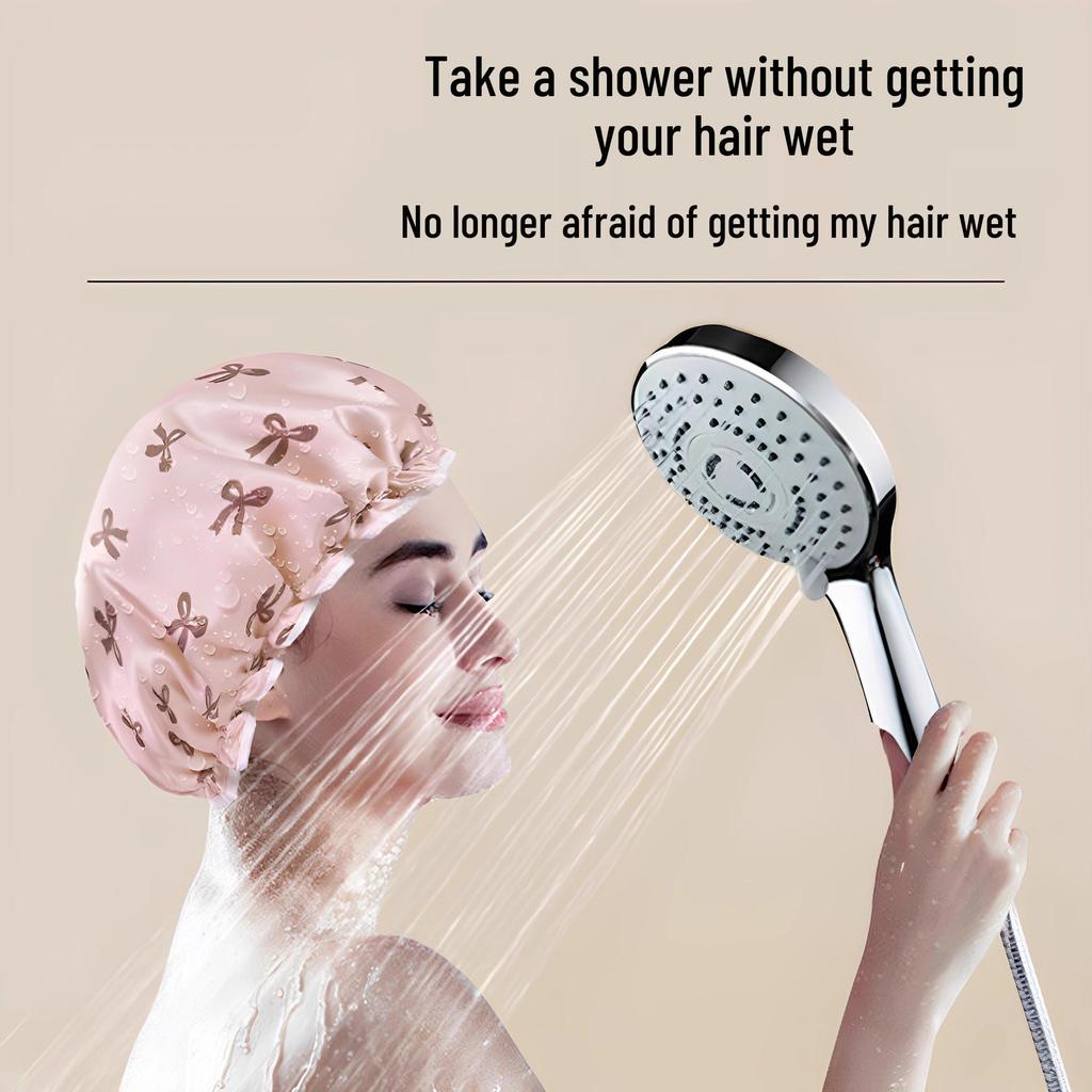 Double-Layer Waterproof Shower Cap for Women - Bath, Anti-Wet, Kitchen Oil Fume, and Thickened Dry Hair Protection.