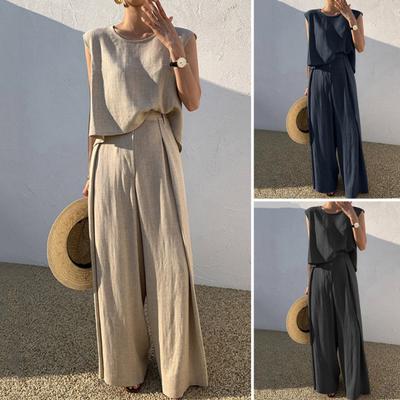 2 Stuks/Set Dames Vest Broek Set Mouwloos Ronde Hals Effen Kleur Losse Top Hoge Taille Wijde Plooibroek Casual Dagelijkse Outfit