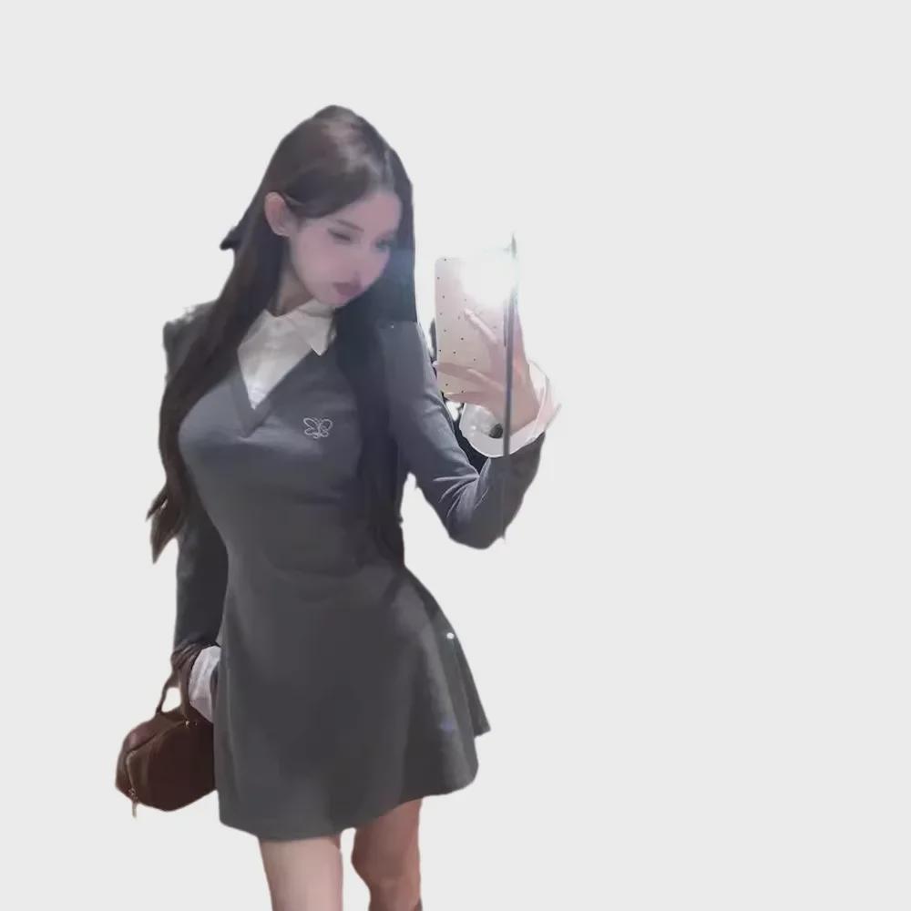 Korejské sladké a horké dvoudílné polo límcové šaty – úzký střih, krátká sukně na začátek podzimu 2024