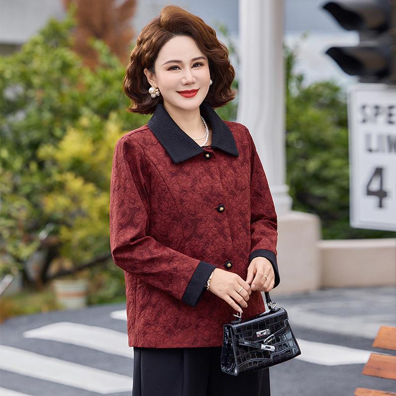 Elegant Spring & Autumn Lapel Jacquard Jacket for Middle-Aged Women