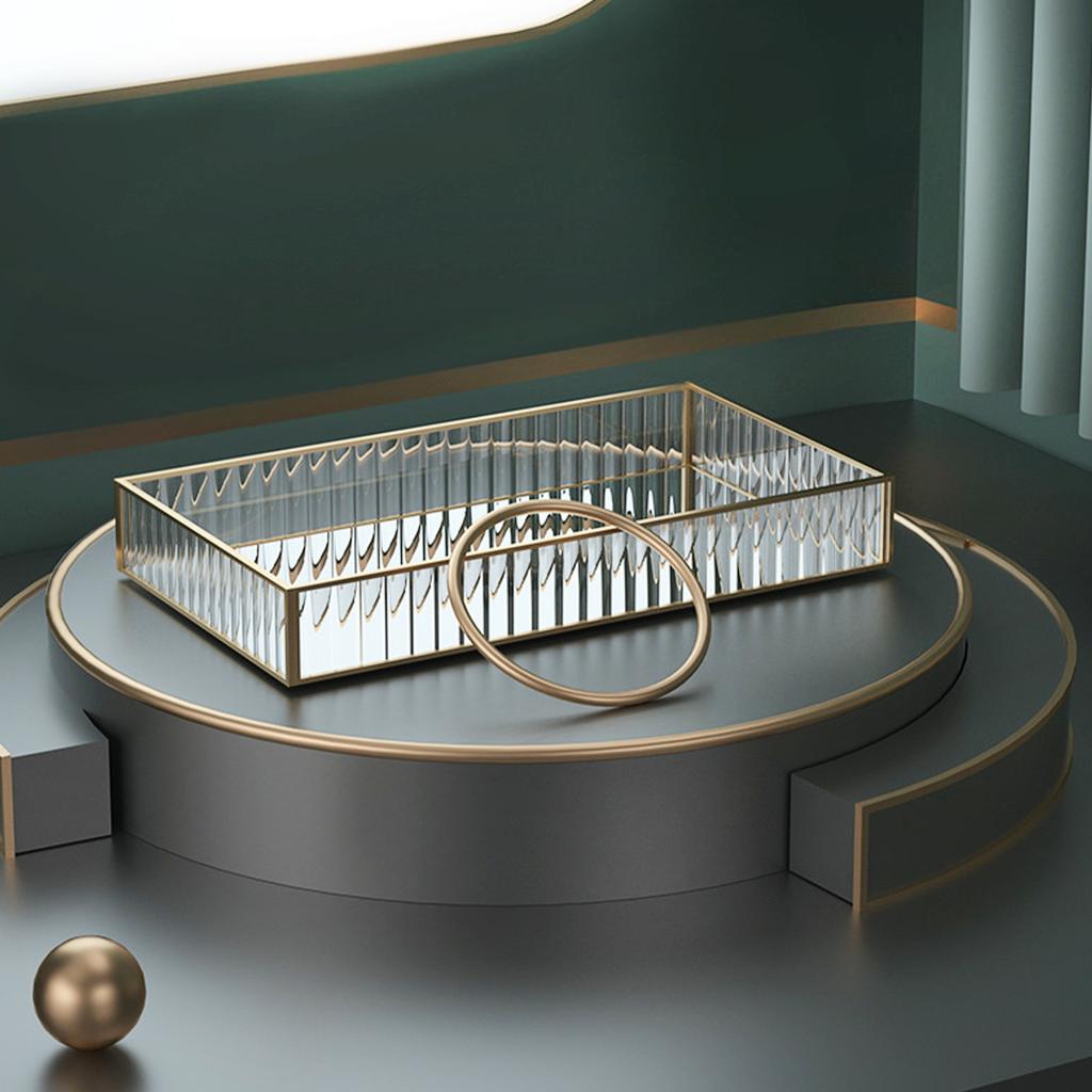 Small Striped Glass Tray with Brass Frame & Mirror Cosmetic Organizer for Vanity Desk