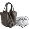 Leichter Luxus Echte Rindsleder Korb-Stil Eimer Tasche Neu für Damen Silberfarbener Schlossverschluss Oberer Griff Handtasche, KEIN LOGO