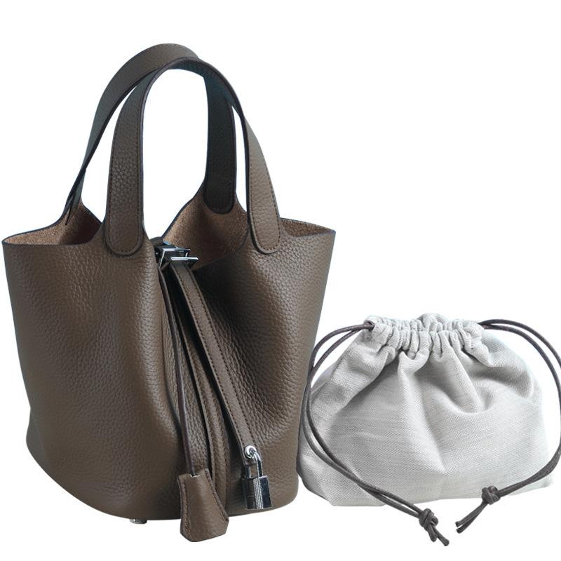 Leichter Luxus Echte Rindsleder Korb-Stil Eimer Tasche Neu für Damen Silberfarbener Schlossverschluss Oberer Griff Handtasche, KEIN LOGO