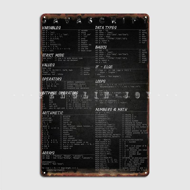 

Плакат-шпаргалка по Javascript, Металлическая табличка, Клуб, Дом, Бар, Пещера, Персонализированное украшение для гаража, Жестяная вывеска, Плакаты 20x30cm（7.8x11.8inch）