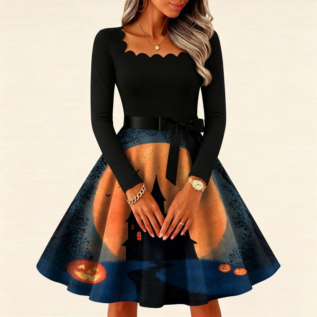 Women's Vintage Long Sleeve Square Neck Halloween Printed Party Dress for Evening Wear