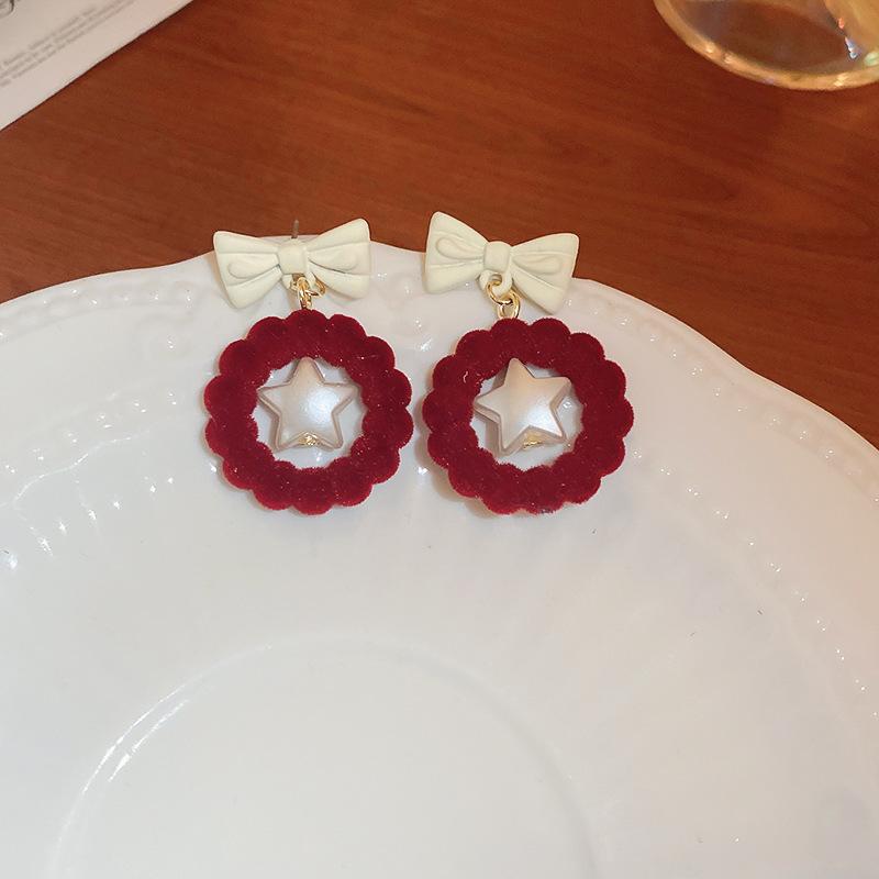 Flocking red bow earrings autumn and winter new niche versatile earrings fashionable elegance temperament earrings women