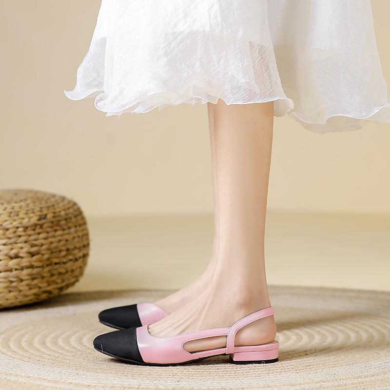 In Stock French Coco Style Soft Leather Color Block Low Cut Sandals - Women's Spring Mid and Thick Flat Heels