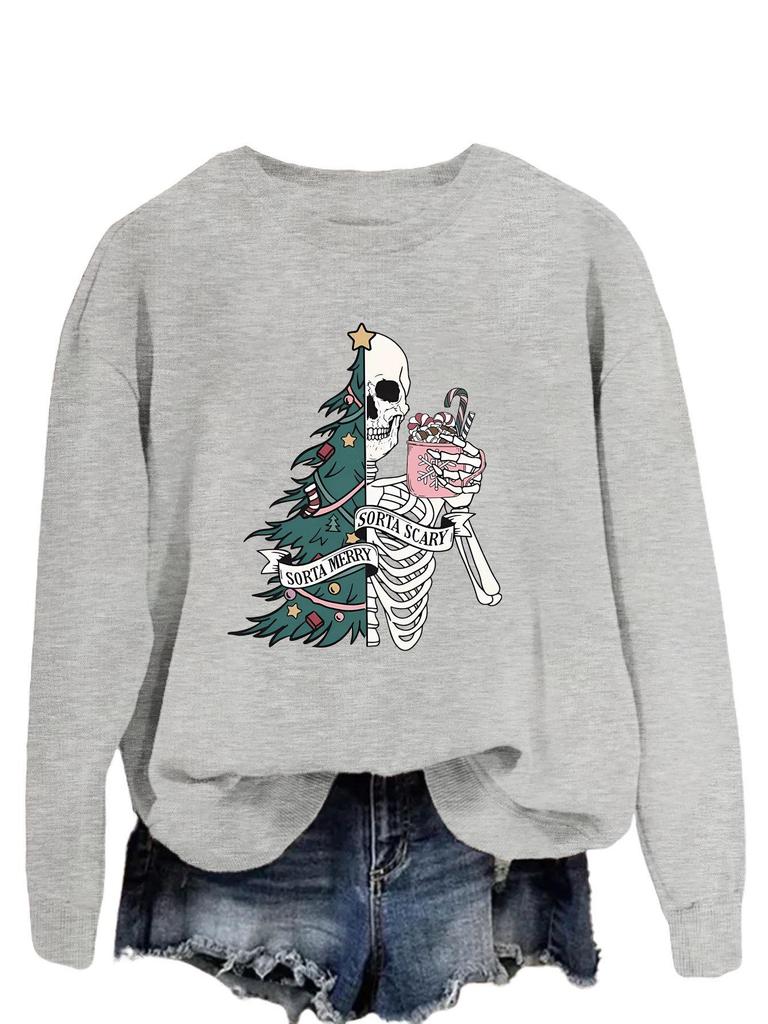 Fun Fashion Crewneck Sweatshirt: "Sorta Merry, Sorta Scary" Long-Sleeve for Autumn/Winter
