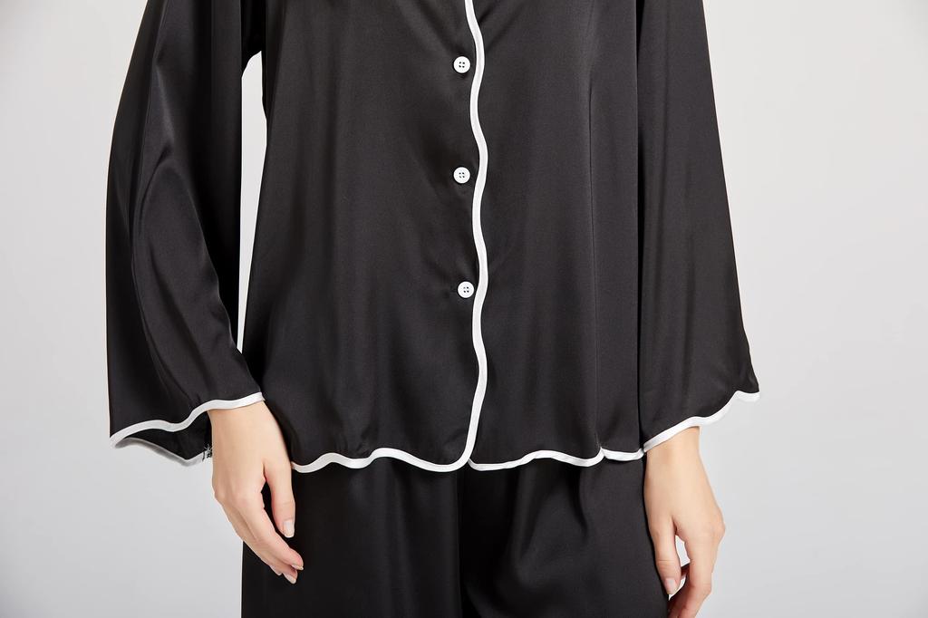 KUMASEN Silk Satin Pajama Long Open Size L Women's 100% Set, Loungewear, Sleeves, Skin-Friendly, Front, Black,