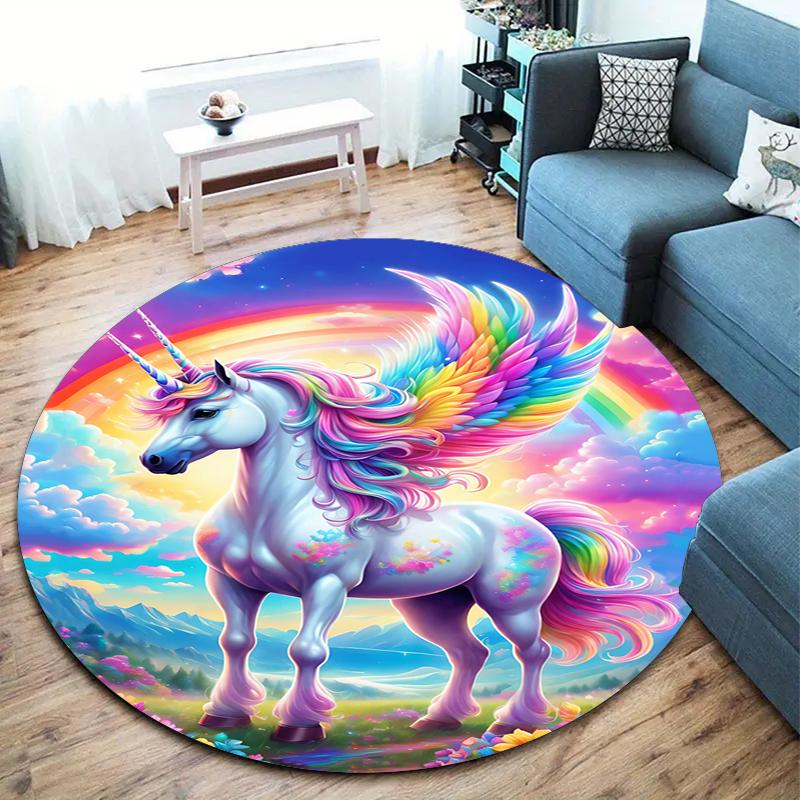 1Pc Cute Unicorn Circular Print Rug - Home Decoration Carpet For Living Room Bedroom Flooring Computer Chair Area Rug