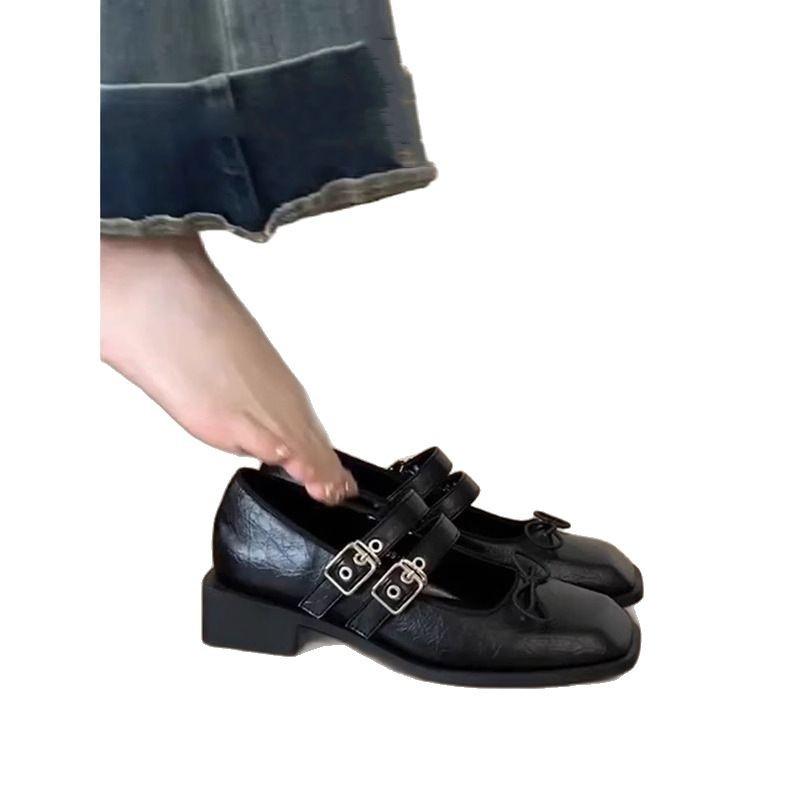 Blue Cabinet~ Retro thick heel black Mary Jane shoes women's spring light mouth small leather shoes double breasted with thick heel single shoes