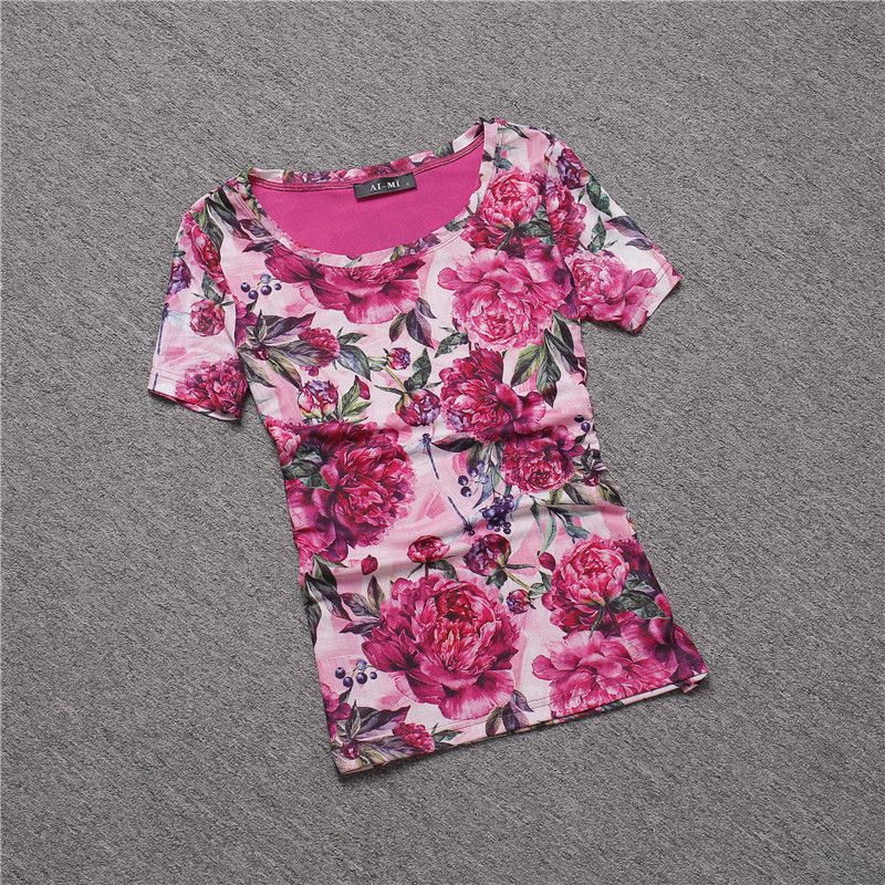 

European Station Slim-Fitting Simple Mesh Floral Print Short-Sleeved T-shirt Rose Red M