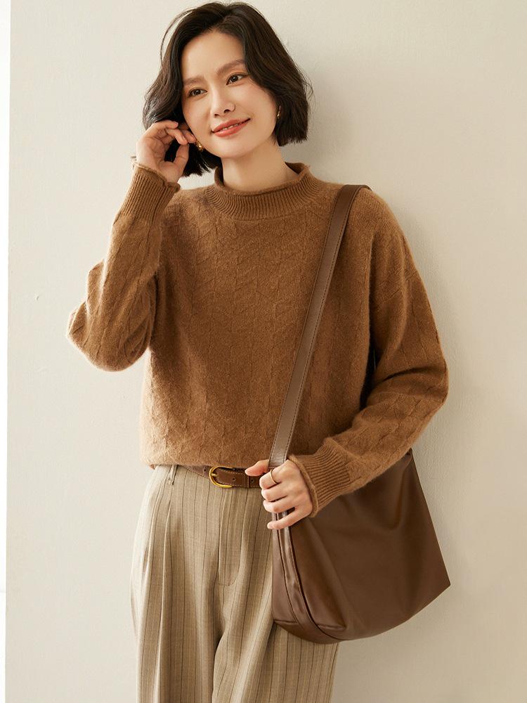 Rolled-Edge Semi-High Neck Cashmere Sweater, 2025 Autumn/Winter Women's Jacquard Knit Pullover